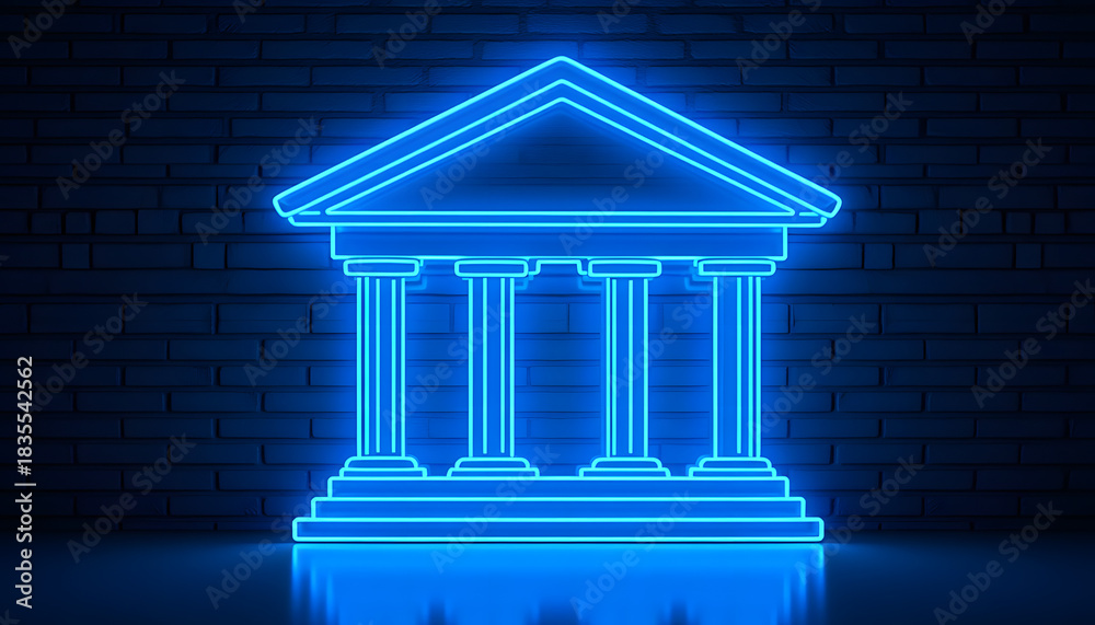 Fototapeta premium Glowing blue neon outline of a classical building with columns on a dark background