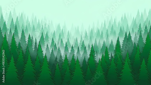 Dense evergreen forest landscape illustration with layered green trees and fog