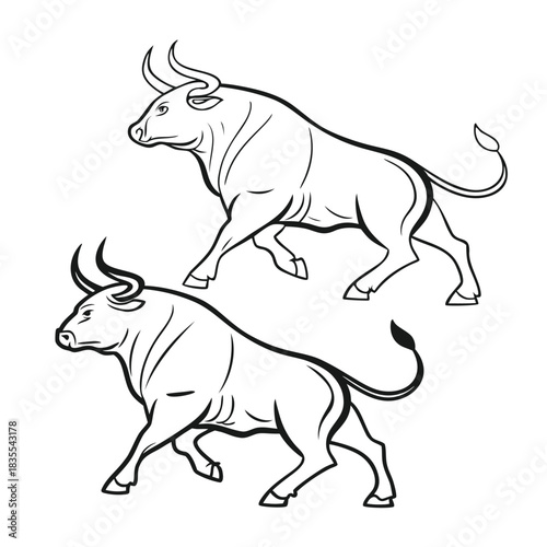 Two powerful bulls charging forward with determined expressions, clean vector art illustration Vector