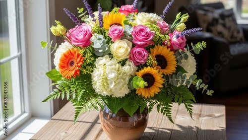 Wallpaper Mural Vibrant bouquet of mixed colorful flowers including sunflowers, roses, and hydrangeas in a vase indoors Torontodigital.ca