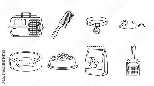 Pet Care Icons Vector Line Art Carrier Comb Collar Mouse Bed Bowl Food Bag Litter Box Cat Dog Animal Accessories Equipment