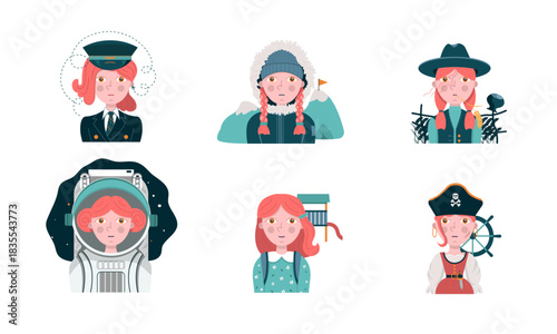 Vector illustration set of a red haired girl in six different roles: pilot, mountaineer, farmer, astronaut, schoolgirl and pirate. Cute cartoon character collection for children’s books, posters, game