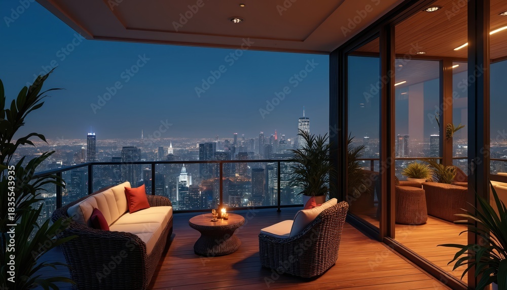 Fototapeta premium View from apartment balcony at night. Cityscape with illuminated skyscrapers and buildings. Outdoor furniture and plants create cosy relax zone.