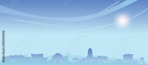 Blue panoramic poster of the city skyline with misty background buildings and clouds of LOUISVILLE, UNITED STATES