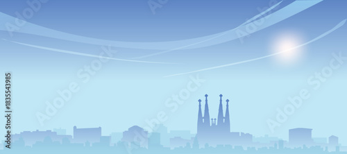 Blue panoramic poster of the city skyline with misty background buildings and clouds of BARCELONA, SPAIN