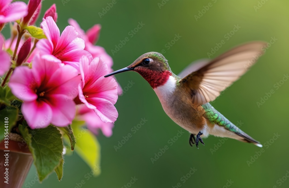 Naklejka premium Tiny ruby throated hummingbird feeds on nectar from pink petunia flower. Small bird hovers mid-air during sunny summer day. Wild avian wildlife in garden.