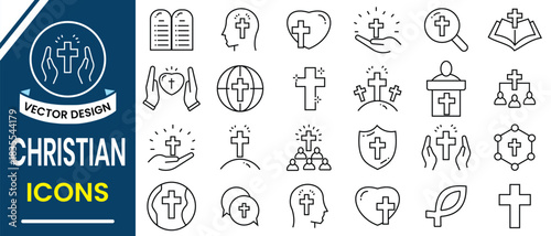 Christianity line icon set. Minimalist line icons of Christian symbols, cross, bible, dove, church, Jesus prayer and others. Vector illustration.