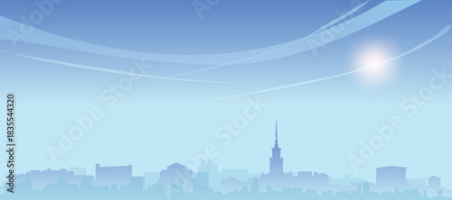Blue panoramic poster of the city skyline with misty background buildings and clouds of WARSAW, POLAND