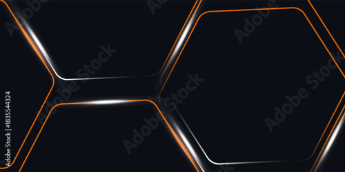 Dark hexagon abstract technology background with orange and white colored bright flashes under hexagon. Hexagonal gaming vector abstract tech futuristic wide banner.