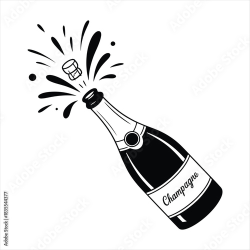 Black silhouette reveals a Champagne bottle with its cork popping dramatically and transparent background