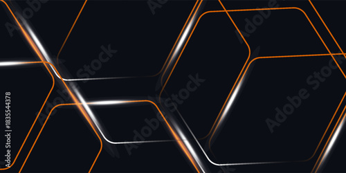 Dark hexagon abstract technology background with orange and white colored bright flashes under hexagon. Hexagonal gaming vector abstract tech futuristic wide banner.