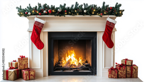 christmas fireplace isolated on white background