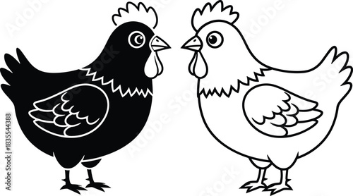 Vector illustration of two chicken hens, black silhouette and outline style, isolated on white background for farm animal logo, and poultry concept.
