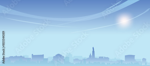 Blue panoramic poster of the city skyline with misty background buildings and clouds of LODZ, POLAND