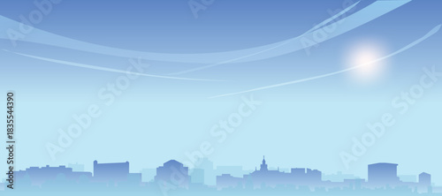 Blue panoramic poster of the city skyline with misty background buildings and clouds of KRAKOW, POLAND