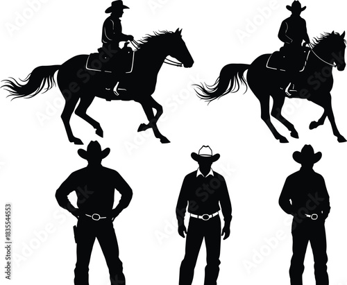 Set of rugged cowboys silhouettes, men standing and riding horses in western attire, black vector graphic collection for rodeo events, American frontier history, and adventure themes.