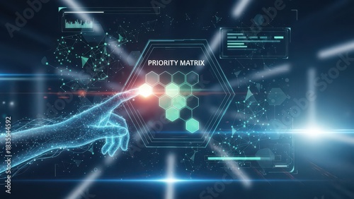 Futuristic digital interface with priority matrix and human hand