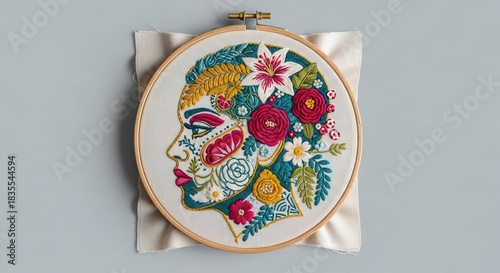 Embroidered floral face profile in hoop on fabric against gray backdrop