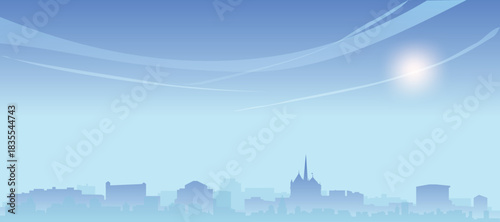 Blue panoramic poster of the city skyline with misty background buildings and clouds of GENEVA, SWITZERLAND
