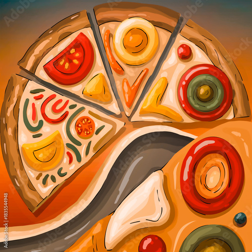 Vibrant Stylized Pizza Illustration with Colorful Vegetable Toppings and Thick Outlines