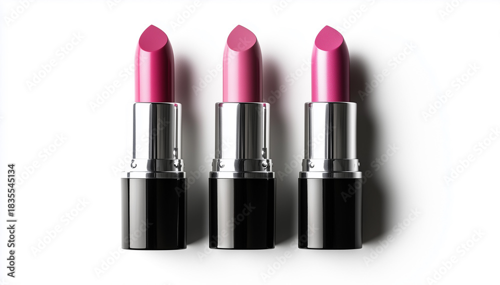 Fototapeta premium Three red and pink lipsticks isolated on white background