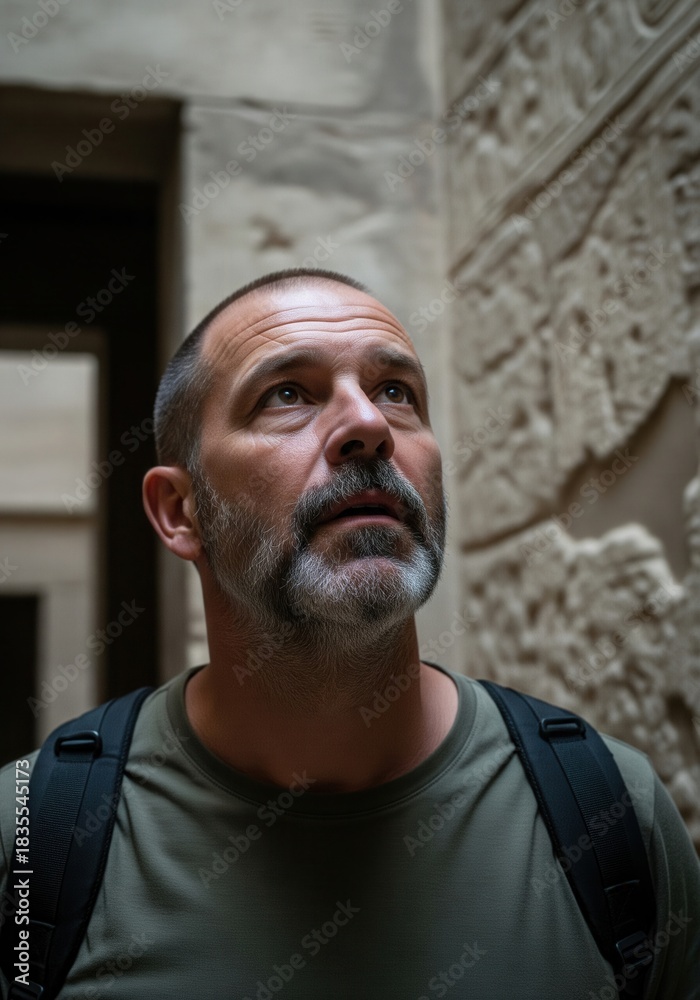 Fototapeta premium Explorer With Backpack Looks Up In Narrow Ancient Egyptian Stone Corridor With Carved Wall