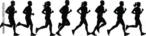 Vector silhouette illustration of a group of people running, men and women jogging in a line, isolated on white background for sports.