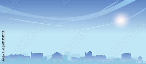 Blue panoramic poster of the city skyline with misty background buildings and clouds of PITTSBURGH, UNITED STATES
