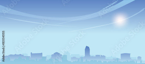 Blue panoramic poster of the city skyline with misty background buildings and clouds of SAN DIEGO, UNITED STATES