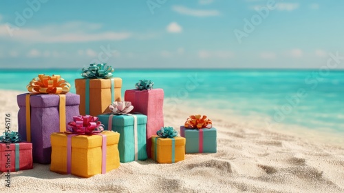 Colorful gifts and packages placed on a sunny sandy beach, perfect for holiday and summer themes