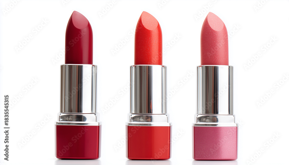 Obraz premium Three red and pink lipsticks isolated on white background