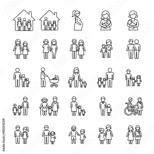 Family and relationships line icons simple vector pictograms of people isolated on white background