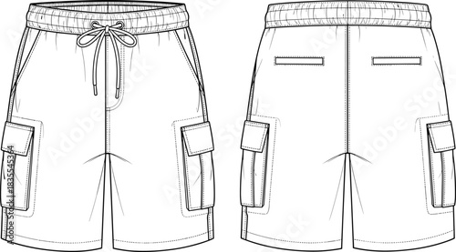 Vector technical sketch of men's cargo shorts with pockets, drawstring waist, front and back views, fashion CAD design template illustration.