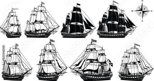 Vintage sailing ship silhouettes and outline sketches set, antique nautical vessel collection with compass rose, retro sea travel boat vector illustration