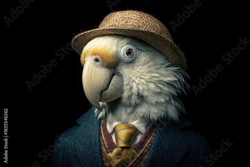 Gentle Styled Animal Parrot Wearing Hat Tie Suit and Watch on Dark Black Background