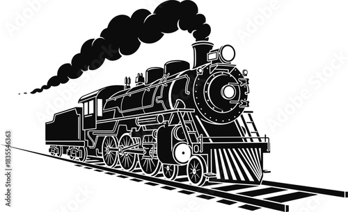Vintage steam locomotive train silhouette, vector illustration moving on railway tracks with dark smoke, black and white style, isolated design for transportation logo.