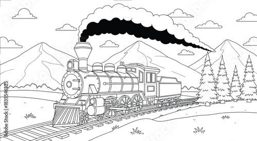 Vintage steam train locomotive traveling through mountain landscape with pine trees and smoke, black and white line art vector illustration for coloring book