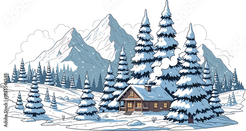 Cozy wooden cabin nestled among snow covered pine trees with mountains in the background