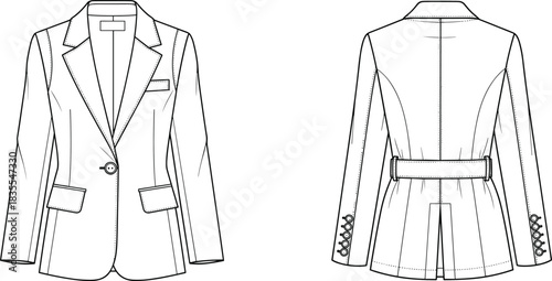 Women's Single-Breasted Tailored Blazer or Jacket Technical Fashion Flat Sketch, Featuring a Peak Lapel, Single Button Closure, and Back Belted Detail Vector Illustration.