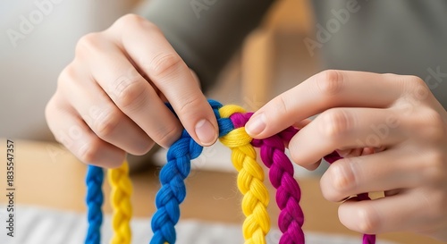 Crafting interwoven braids with hands manipulating colorful strands