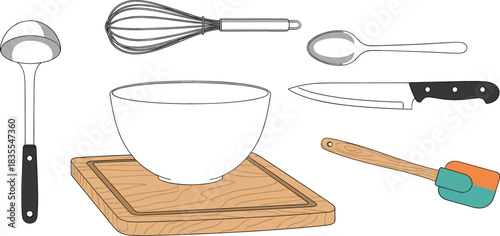 Collection of kitchen utensils and cooking equipment on a white background