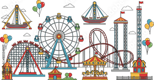 Colorful amusement park rides and attractions illustration