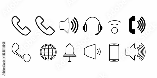 Outline Icons Set Communication, Audio, and Notification Elements