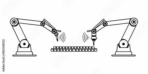 Streamlined industrial automation featuring two robotic arms engaged in a smart manufacturing process, symbolizing efficiency, precision, and advanced technology in production lines