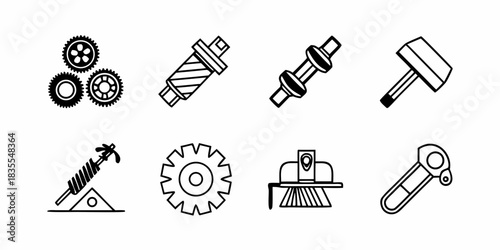 Diverse collection of line art icons depicting essential industrial tools, machine components, and mechanical engineering elements for various technical applications