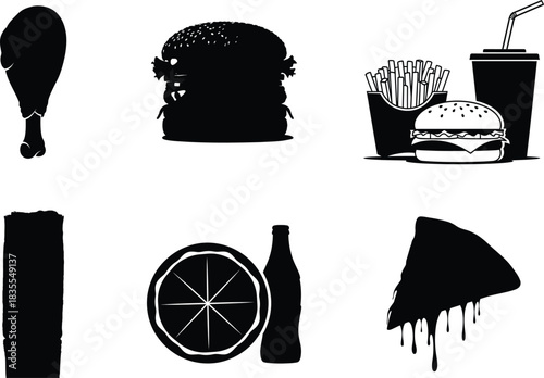 Silhouetted fast food icons on white background for design elements