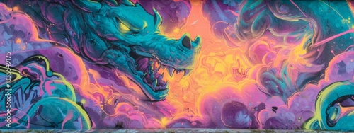 Energetic Mural Depicting Myths with Vibrant Colors and Dynamic Mythical Creatures in Urban Setting