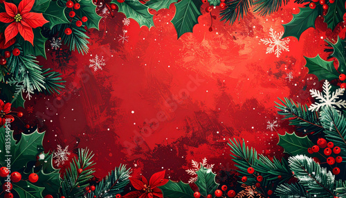 Top-down view of red Christmas background framed by poinsettias, holly leaves, berries and pine branches, with snowflakes and copy space for festive greetings and seasonal designs.
