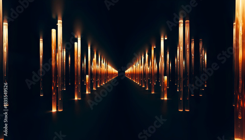 Abstract Futuristic Tunnel with Golden Light Pillars Stretching into Infinity and Glowing Particles on a Dark Background