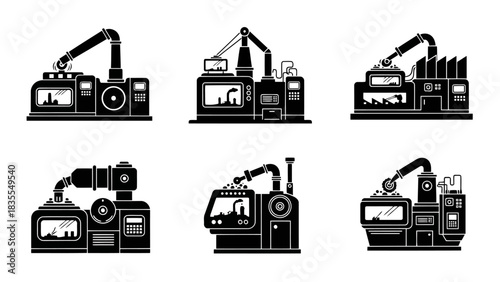 Industrial machines set vector collection for factory automation system production equipment manufacturing processing technology development